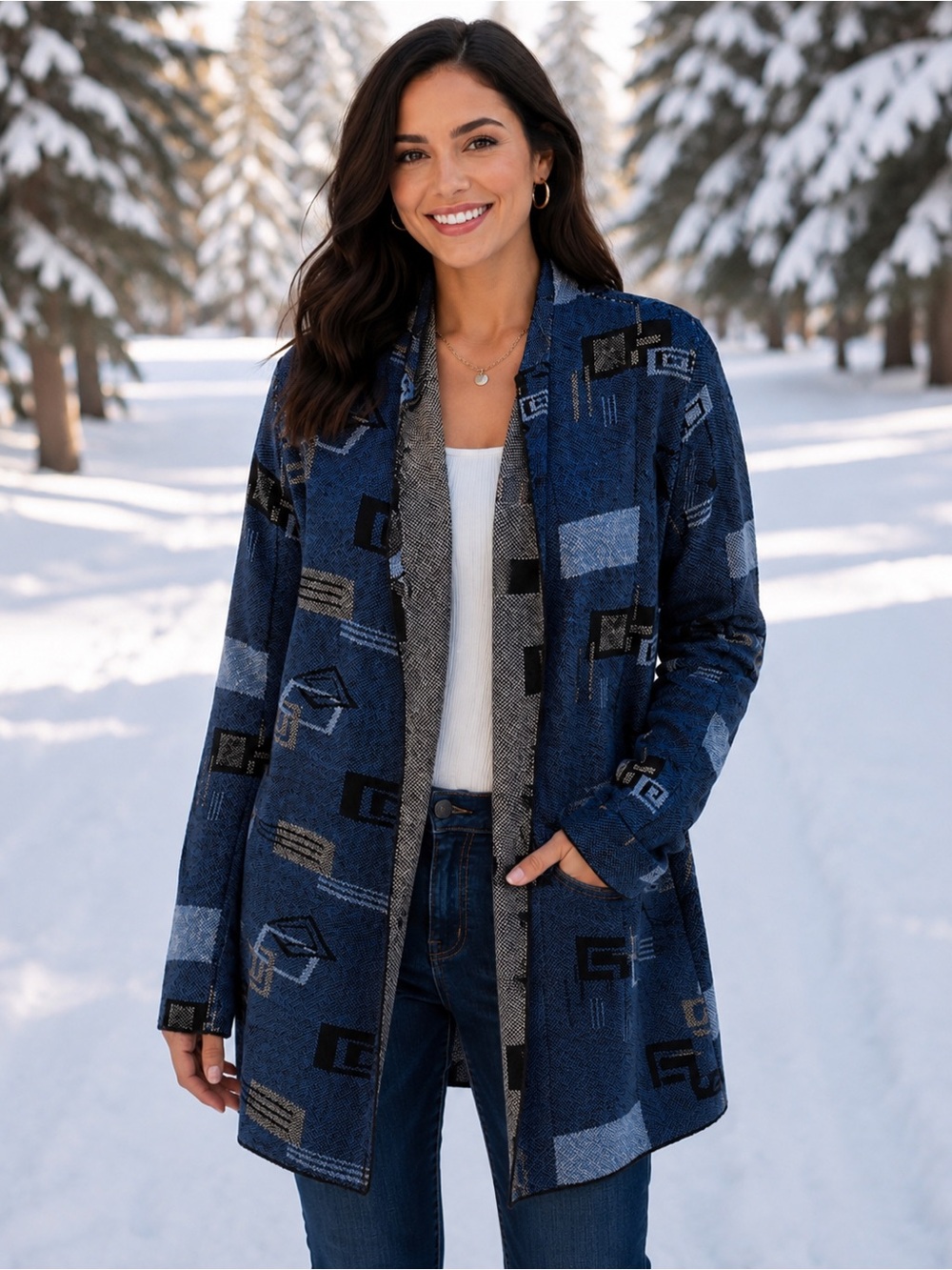 WINDING RIVER OPEN FRONT REVERSIBLE CARDIGAN SWEATER JACKET BLUE/GRAY KNIT SZ S